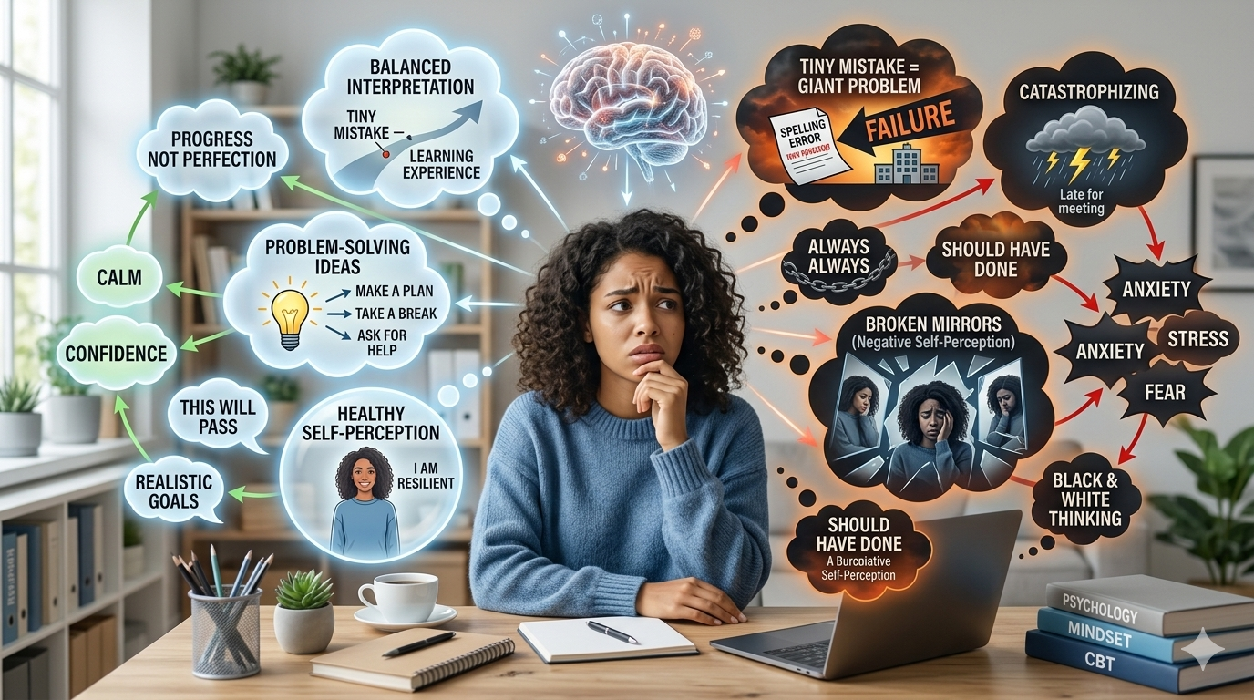 Illustration showing examples of cognitive distortions, such as all-or-nothing thinking, overgeneralization, and catastrophizing, affecting mental health.