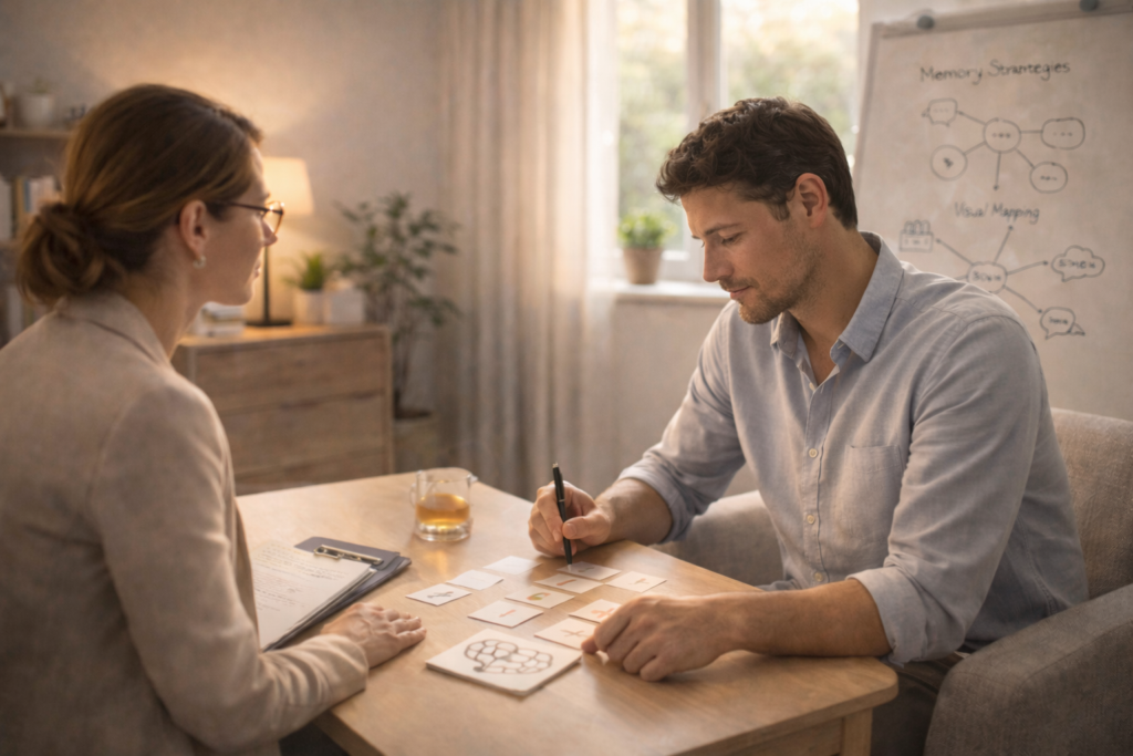 A person practicing cognitive therapy exercises with a therapist to enhance memory skills, using visual aids and memory recall techniques in a clinical setting.