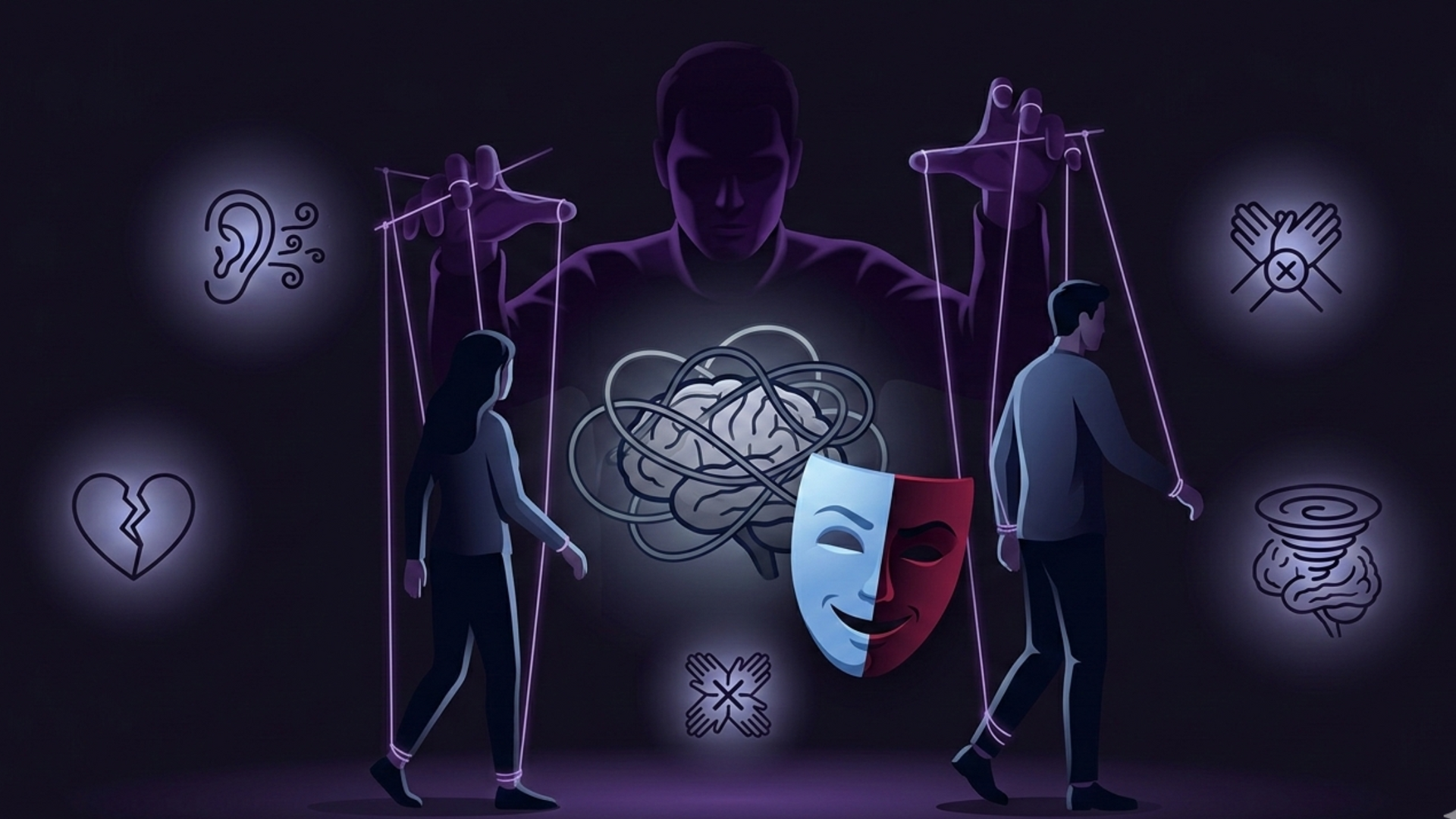 Illustration depicting dark psychology concepts, including manipulation, persuasion, and covert influence techniques used to control or exploit others.