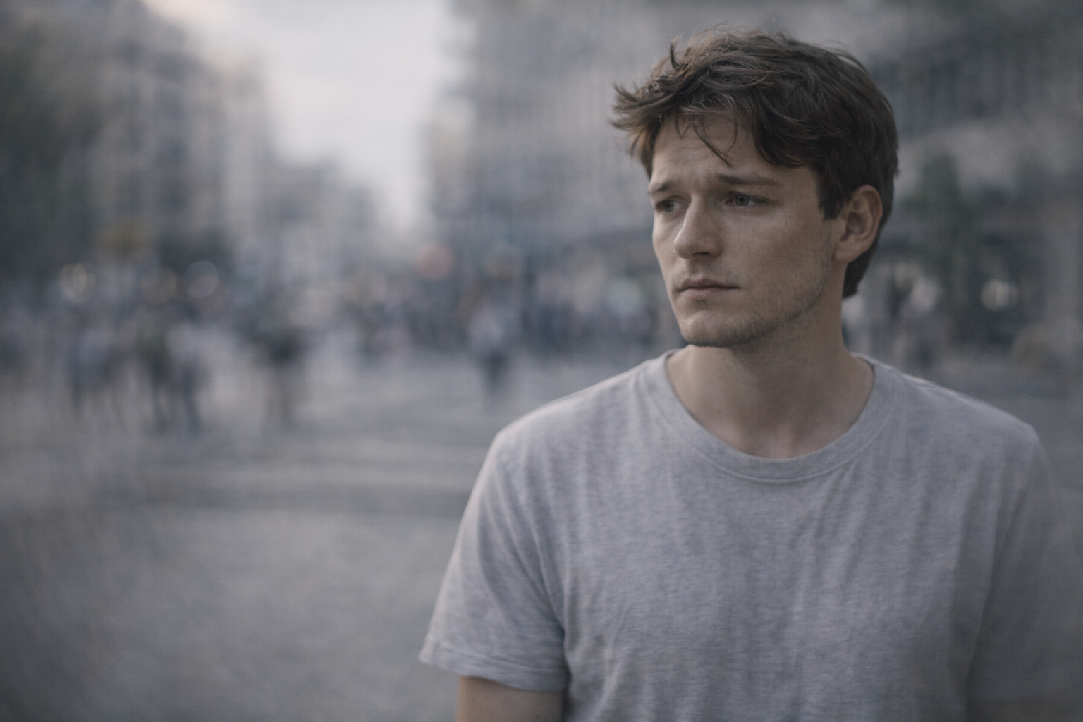 A person experiencing derealization, appearing detached from their surroundings, with blurred background to illustrate a sense of unreality and disconnection.