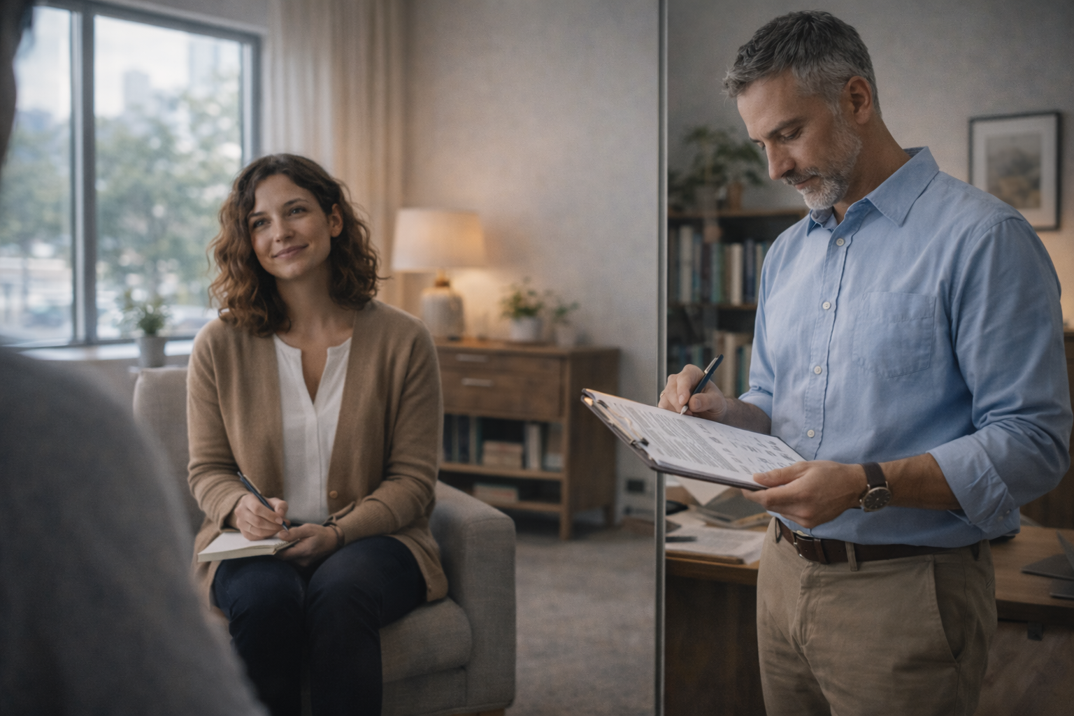 Illustration comparing a therapist and psychologist, highlighting differences in education, treatment methods, and mental health services provided.