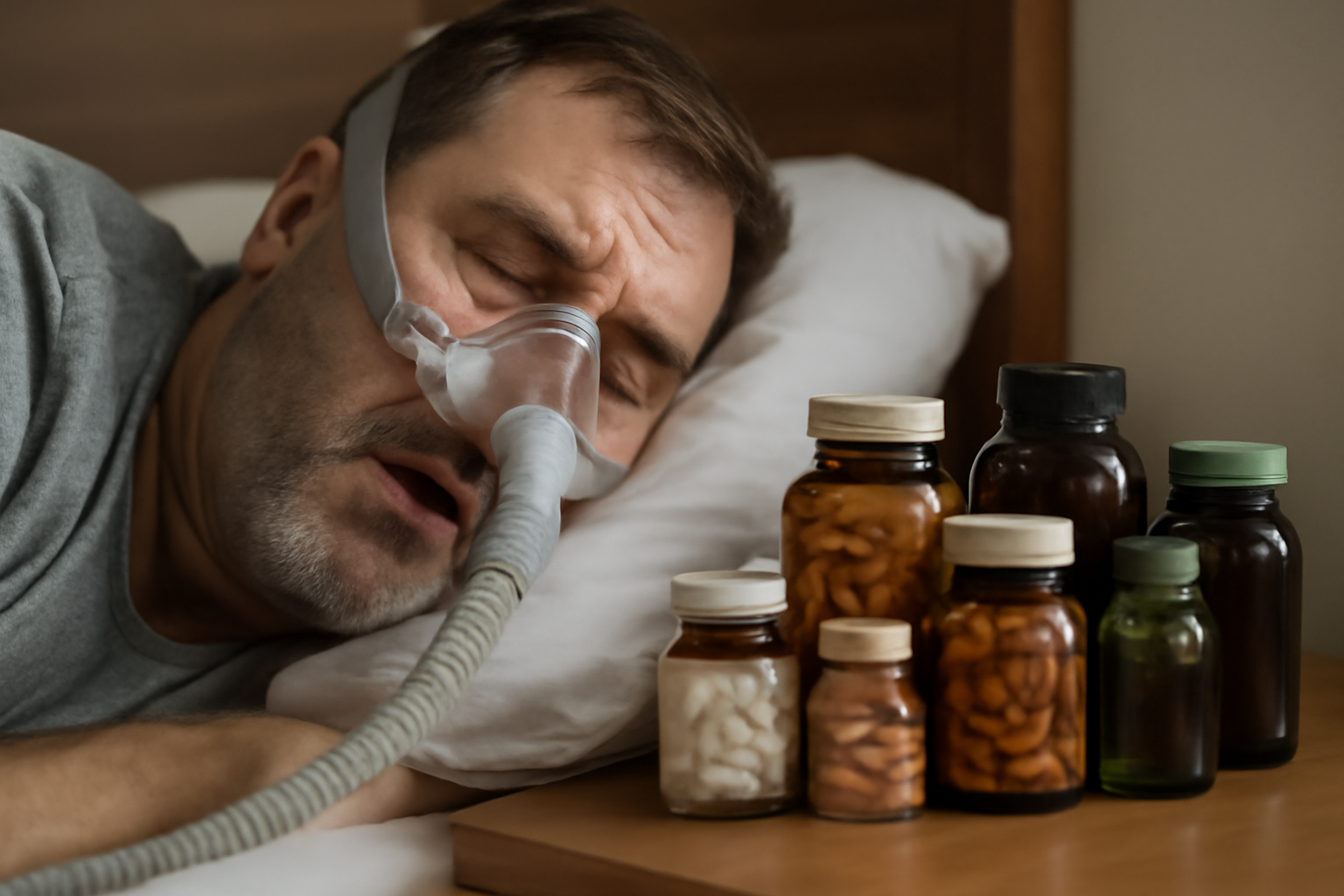 Various supplements for sleep apnea, including melatonin, magnesium, and valerian root, displayed on a table to support better sleep quality.