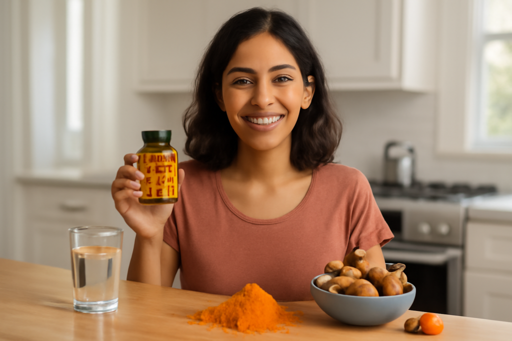 Bottles and packets of turmeric displayed on shelves in a grocery store, showing options for where to buy turmeric in person.