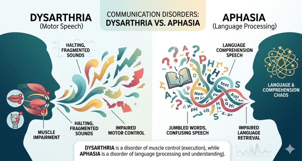 Diagram comparing dysarthria, a motor speech disorder, with aphasia, a language impairment, highlighting differences in speech production and comprehension.