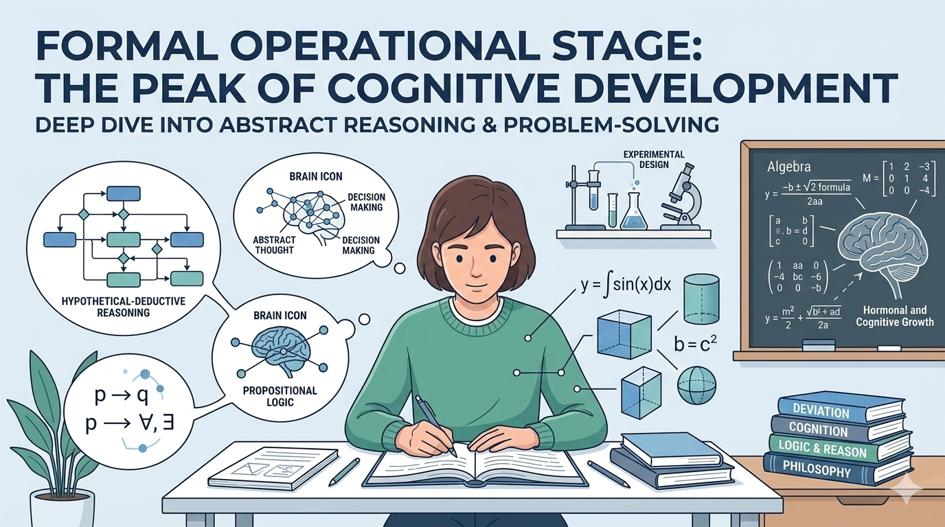 Illustration showing a child in the formal operational stage, solving abstract math problems and thinking logically about hypothetical situations.