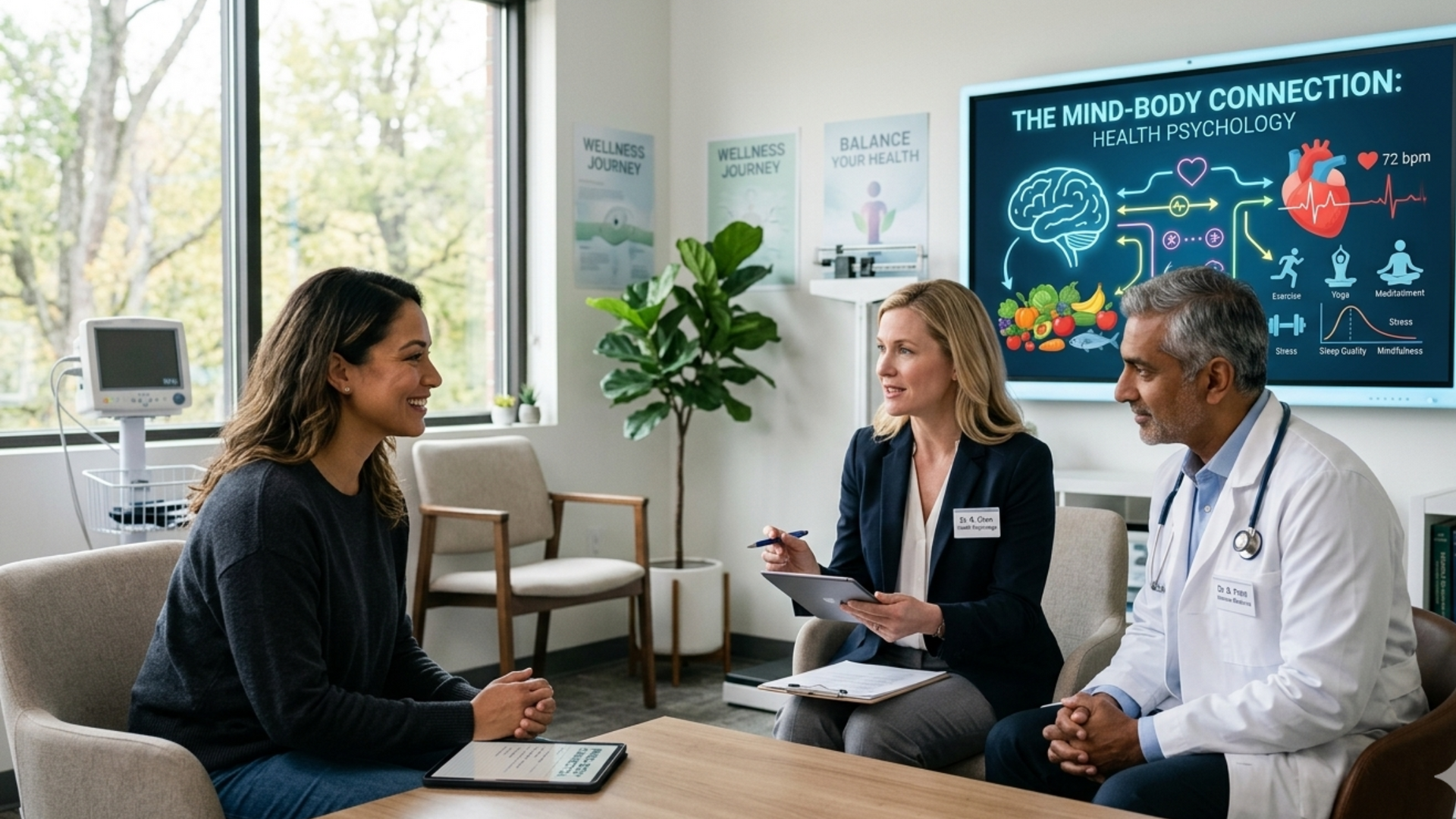 Illustration showing the connection between mental health, behavior, and physical well-being, representing the core concepts of health psychology.