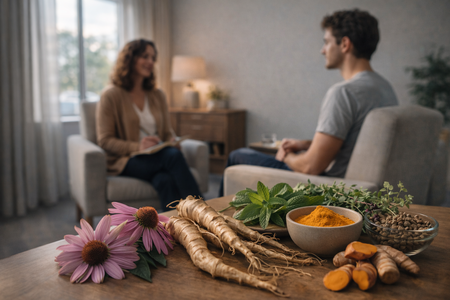 Assorted herbal therapy supplements including capsules, dried herbs, and tincture bottles arranged on a wooden table for natural wellness support.