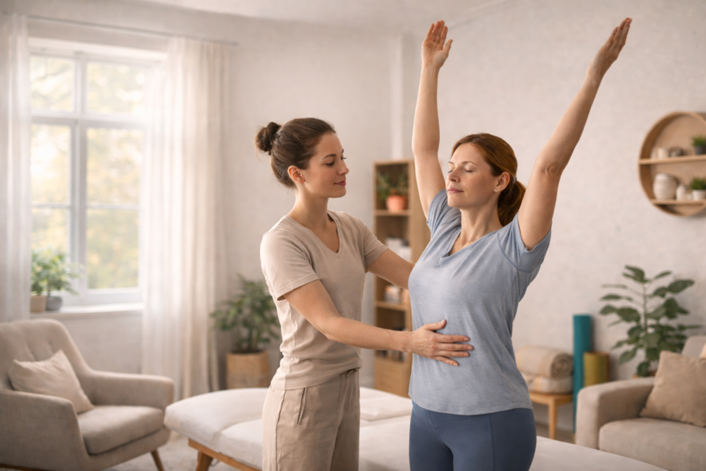 A holistic physical therapist guides a patient through gentle exercises, focusing on whole-body wellness and personalized rehabilitation in a calming clinic setting.