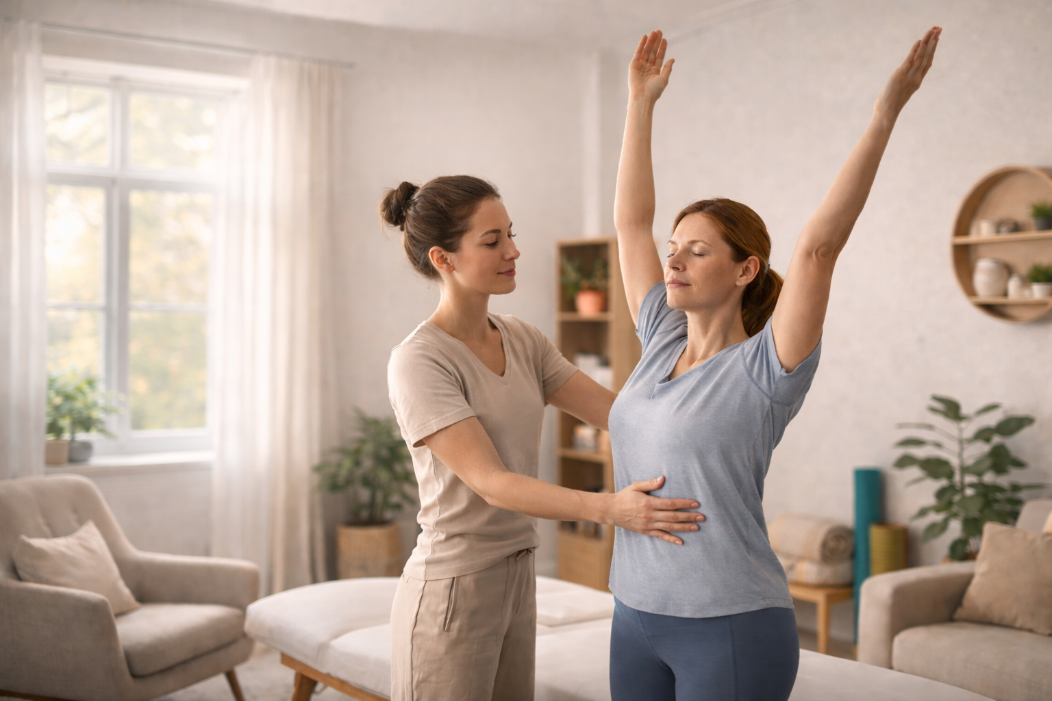 A holistic physical therapist guides a patient through gentle exercises, focusing on whole-body wellness and personalized rehabilitation in a calming clinic setting.
