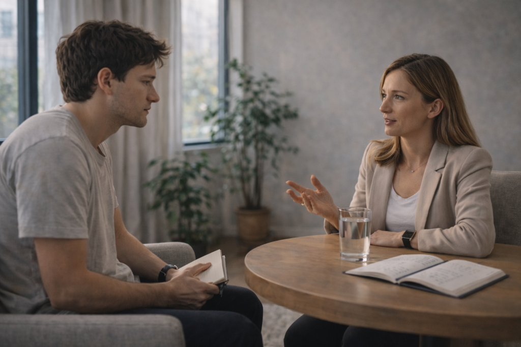 A coach guides a client through stress-reduction techniques, helping them set goals, build resilience, and develop coping strategies for a calmer mindset.