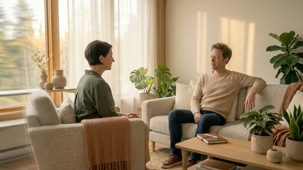 A therapist guides a client through stress recovery techniques, fostering emotional resilience and coping skills in a supportive, confidential environment.