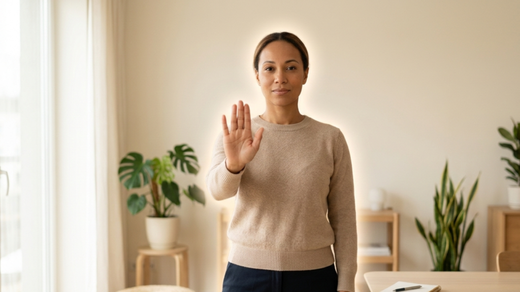 A person confidently expressing their needs and limits during a conversation, illustrating how to set boundaries with people in a respectful manner.