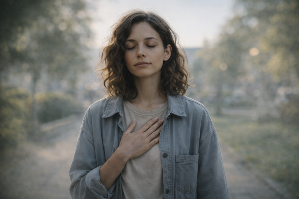 A person practicing grounding techniques, such as deep breathing and focusing on physical sensations, to cope with feelings of derealization.