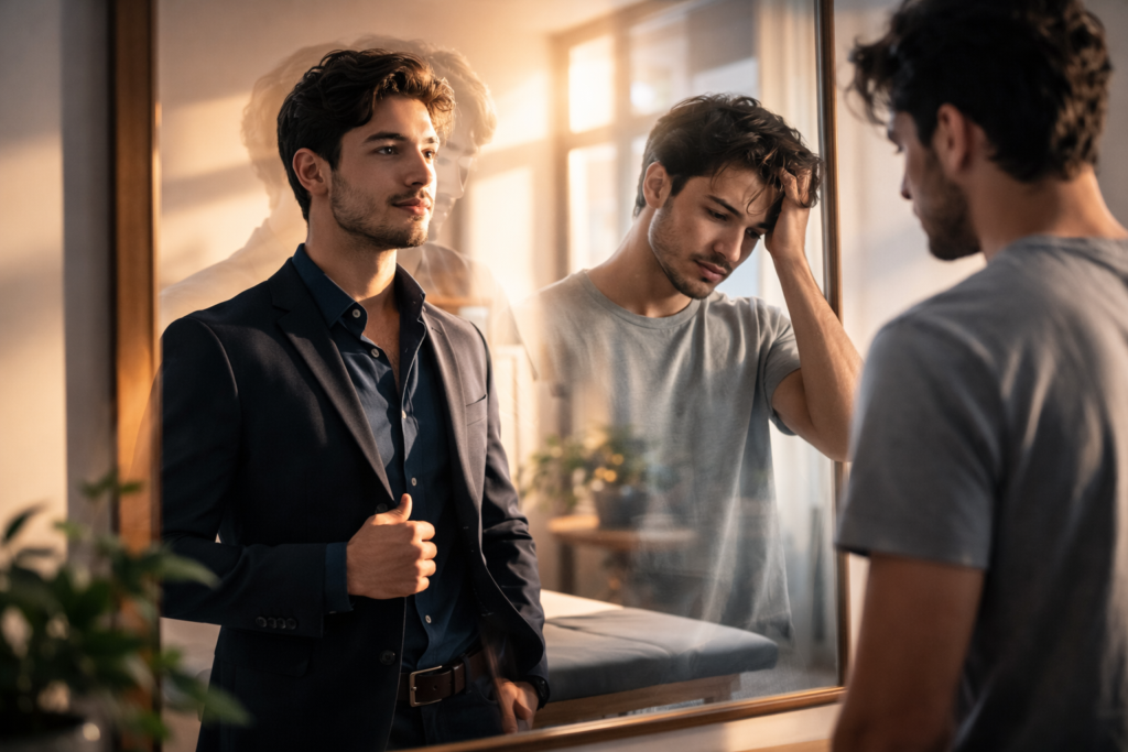 A person stands confidently in front of a mirror, replacing negative self-talk notes with positive affirmations to overcome self-doubt and boost self-esteem.