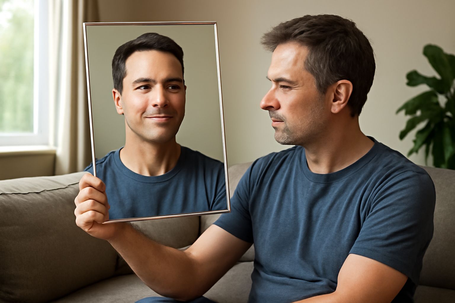 Illustration of a person looking into a mirror and seeing a confident, successful version of themselves, symbolizing the concept of the ideal self.