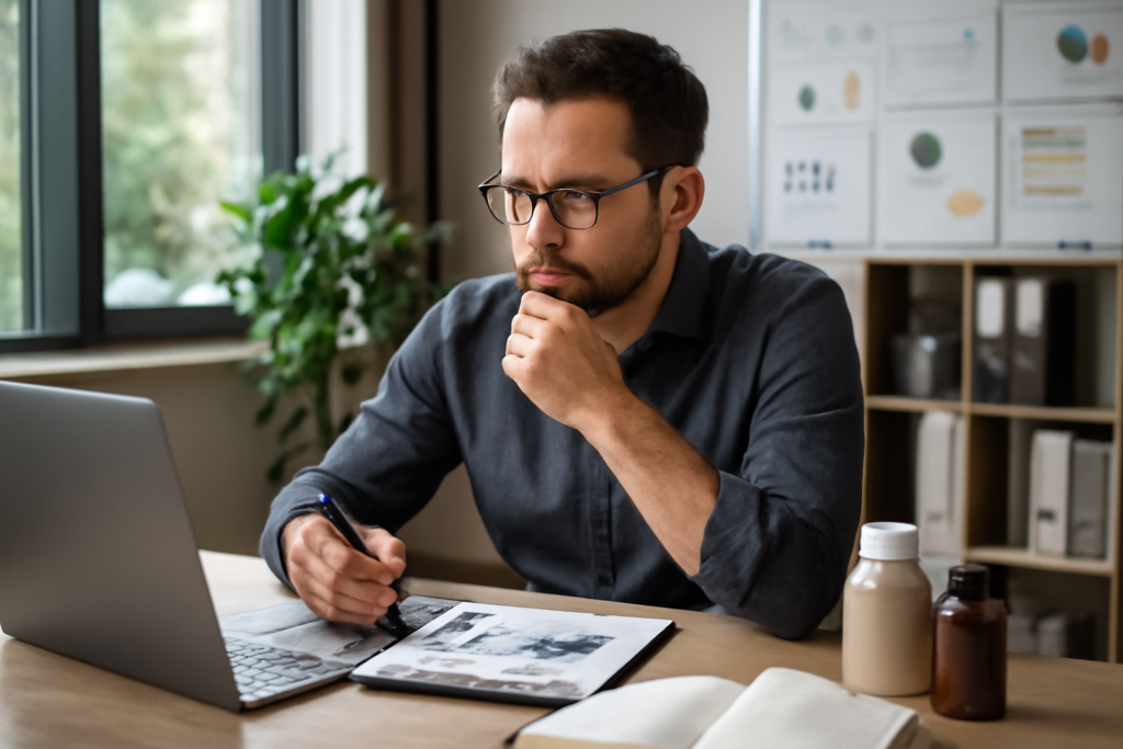 Illustration depicting industrial organizational psychology, showing professionals analyzing workplace behavior, employee motivation, and organizational efficiency.