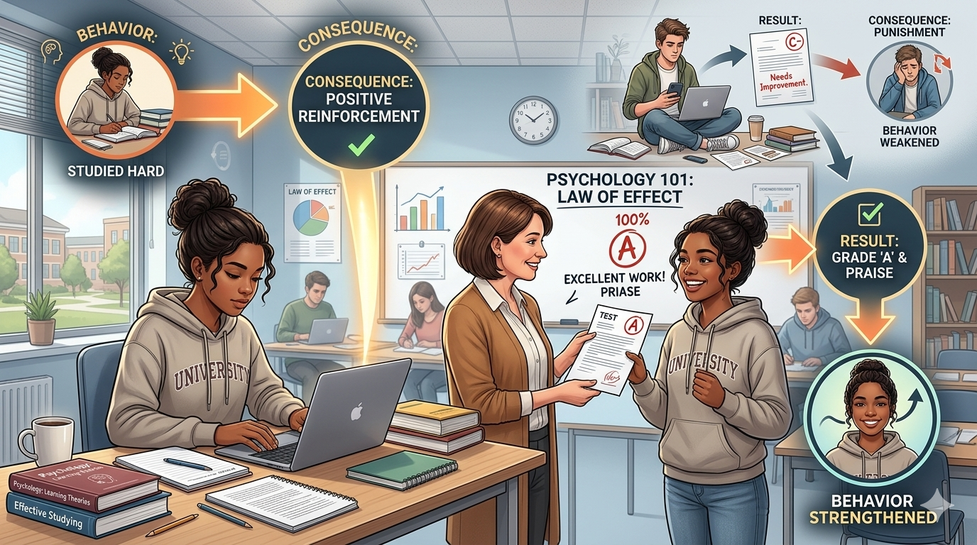 Diagram illustrating the Law of Effect, showing how behaviors followed by positive outcomes are strengthened, while those with negative outcomes are weakened.