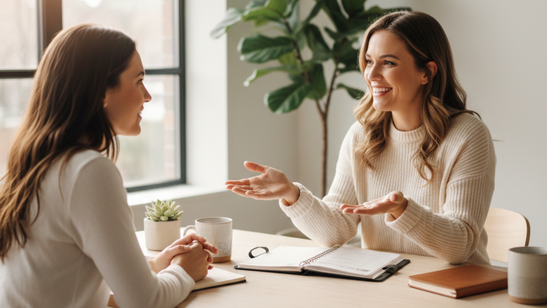 A lifestyle coach guiding a client through goal-setting exercises in a bright, modern office, emphasizing personal growth and healthy living strategies.