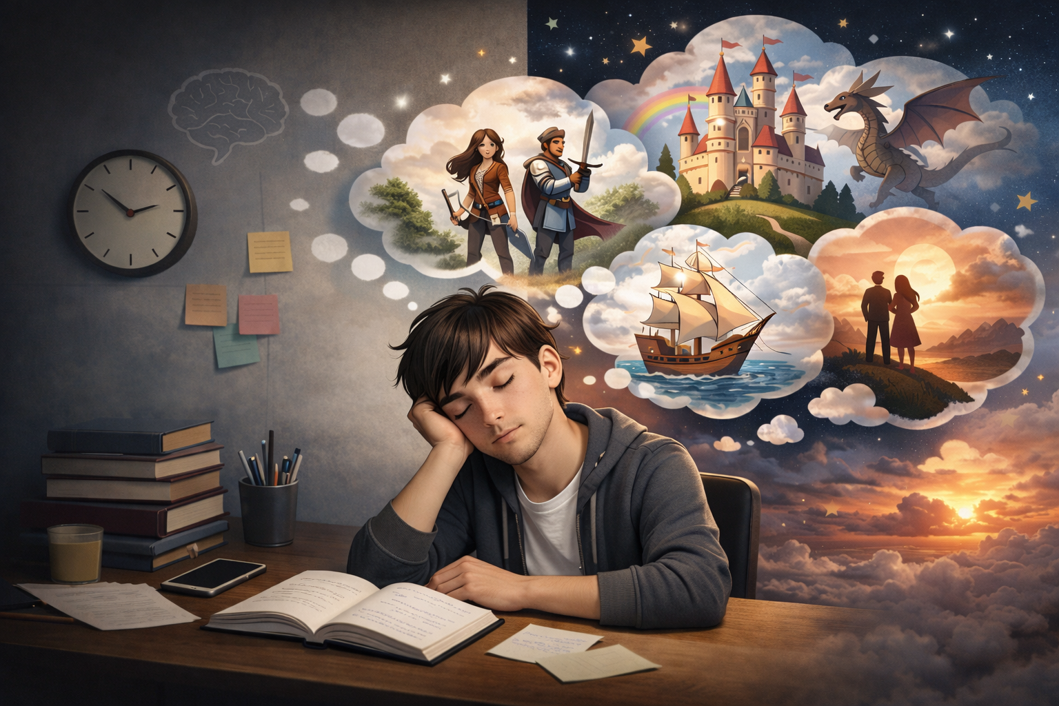 A person lost in thought, surrounded by vivid imaginary scenes, illustrating the intense and immersive nature of maladaptive daydreaming.