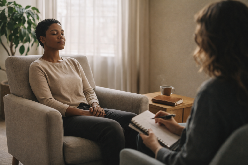 A therapist guides a client through manifest therapy, helping them visualize goals and use positive affirmations to foster personal growth and self-empowerment.