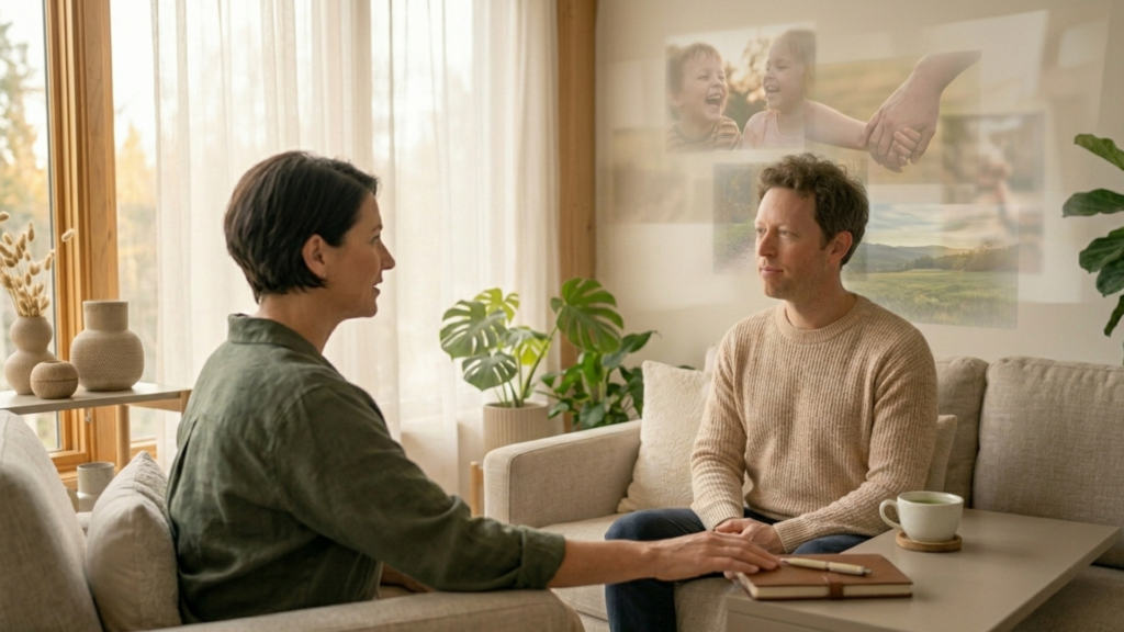 A therapist guides an elderly woman through memory therapy exercises, using photos and conversation to stimulate recall and cognitive function.