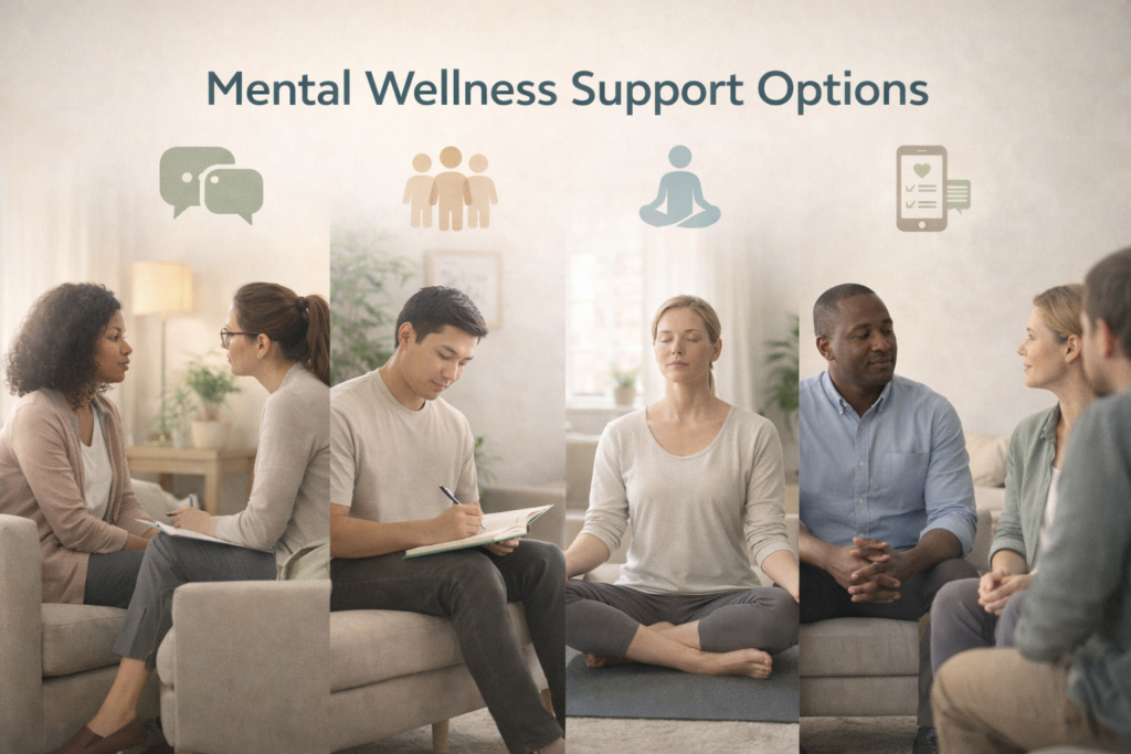 Illustration showing various mental wellness support options, including therapy, support groups, helplines, self-care activities, and online counseling services.