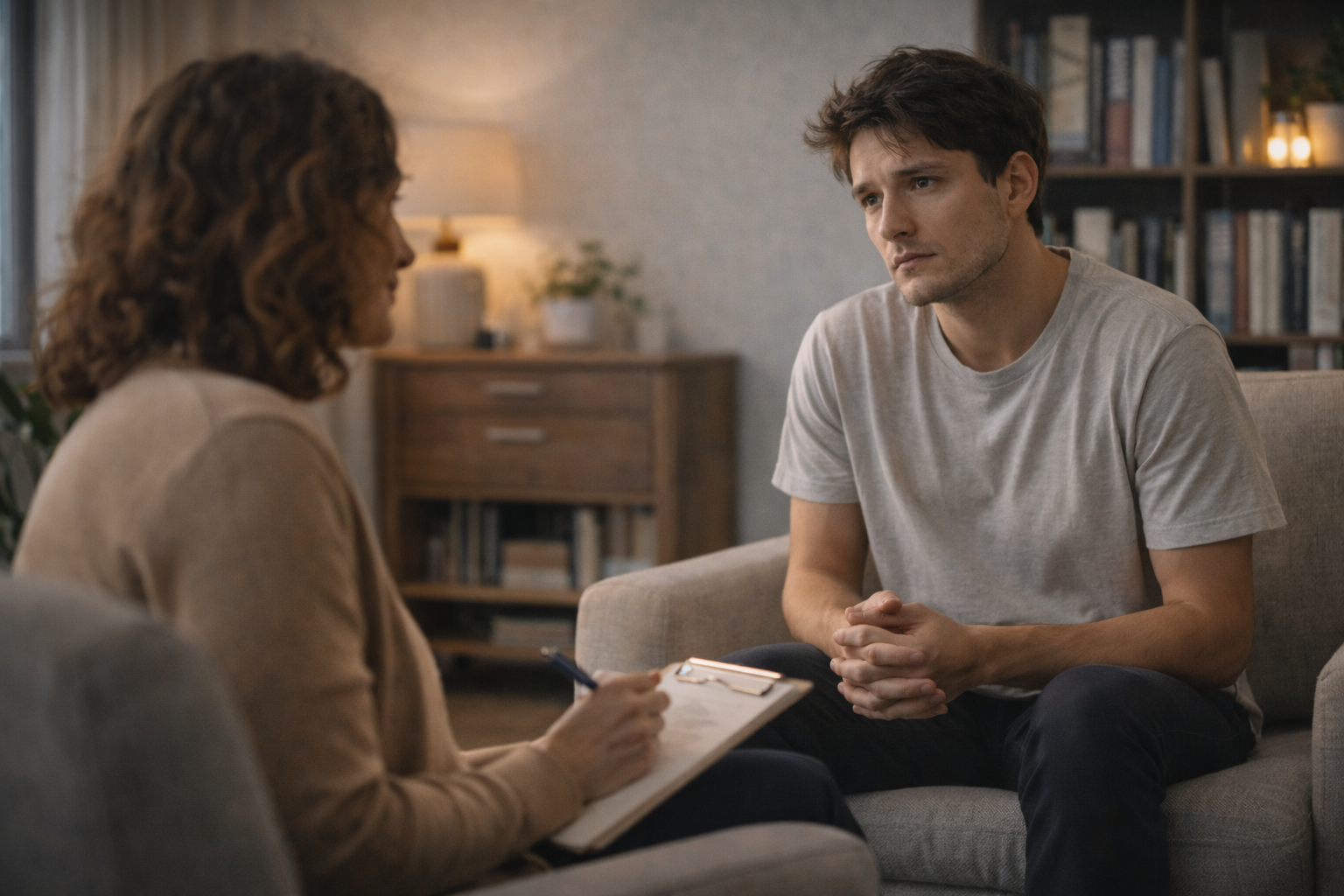 A therapist guides a patient through cognitive behavioral therapy, the most effective treatment for panic attacks and anxiety, in a calm office setting.