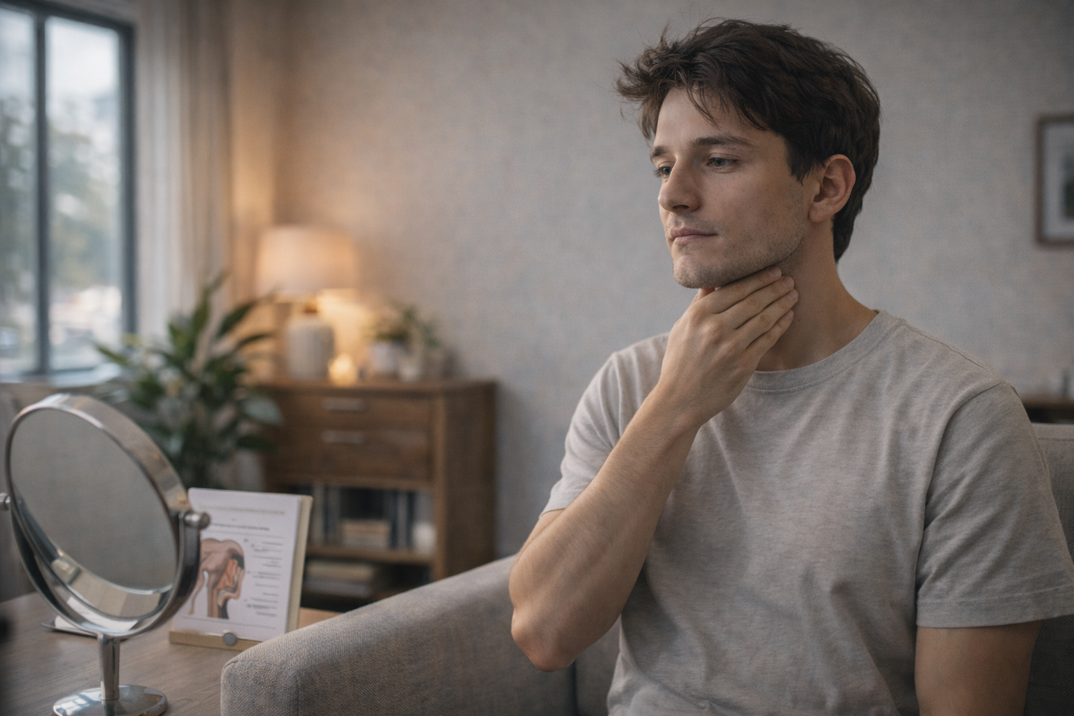 Person performing myofunctional therapy exercises for mouth breathing, including tongue placement and lip closure techniques to improve nasal breathing.