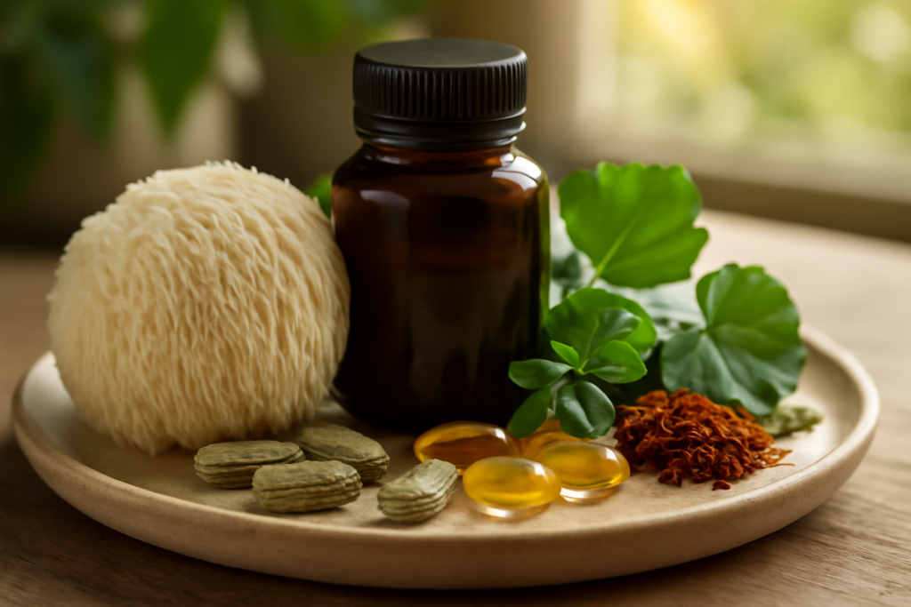 Illustration of natural cognitive support, showing a person surrounded by plants, reading a book, and engaging in mindful activities to boost brain function.