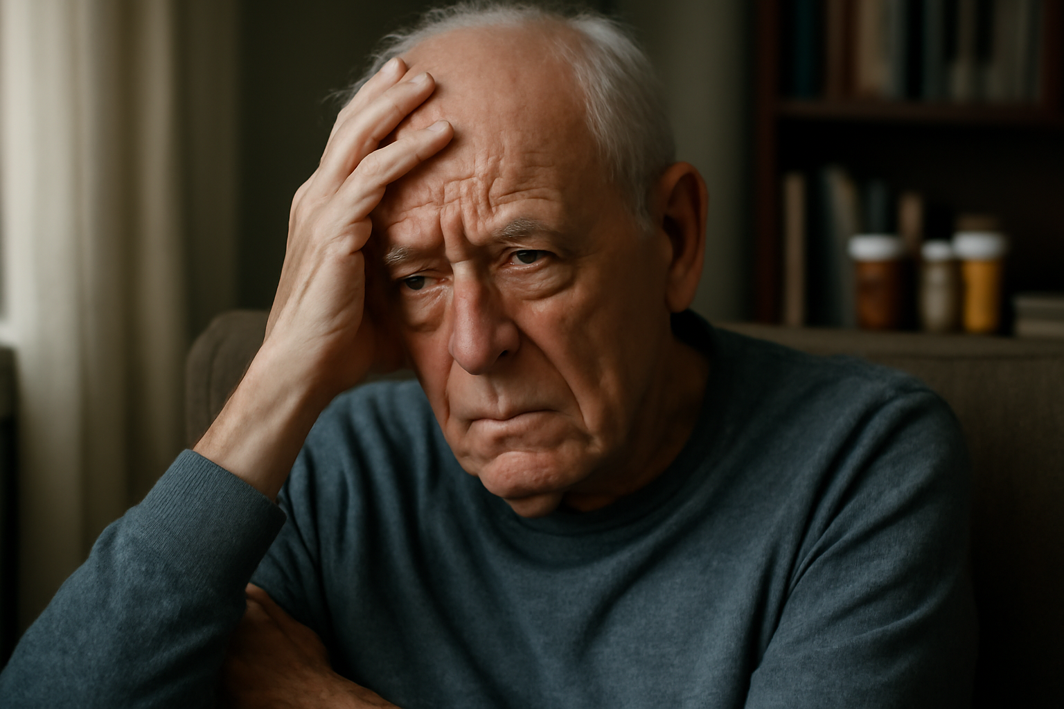 Sad elderly man holding his head, appearing worried