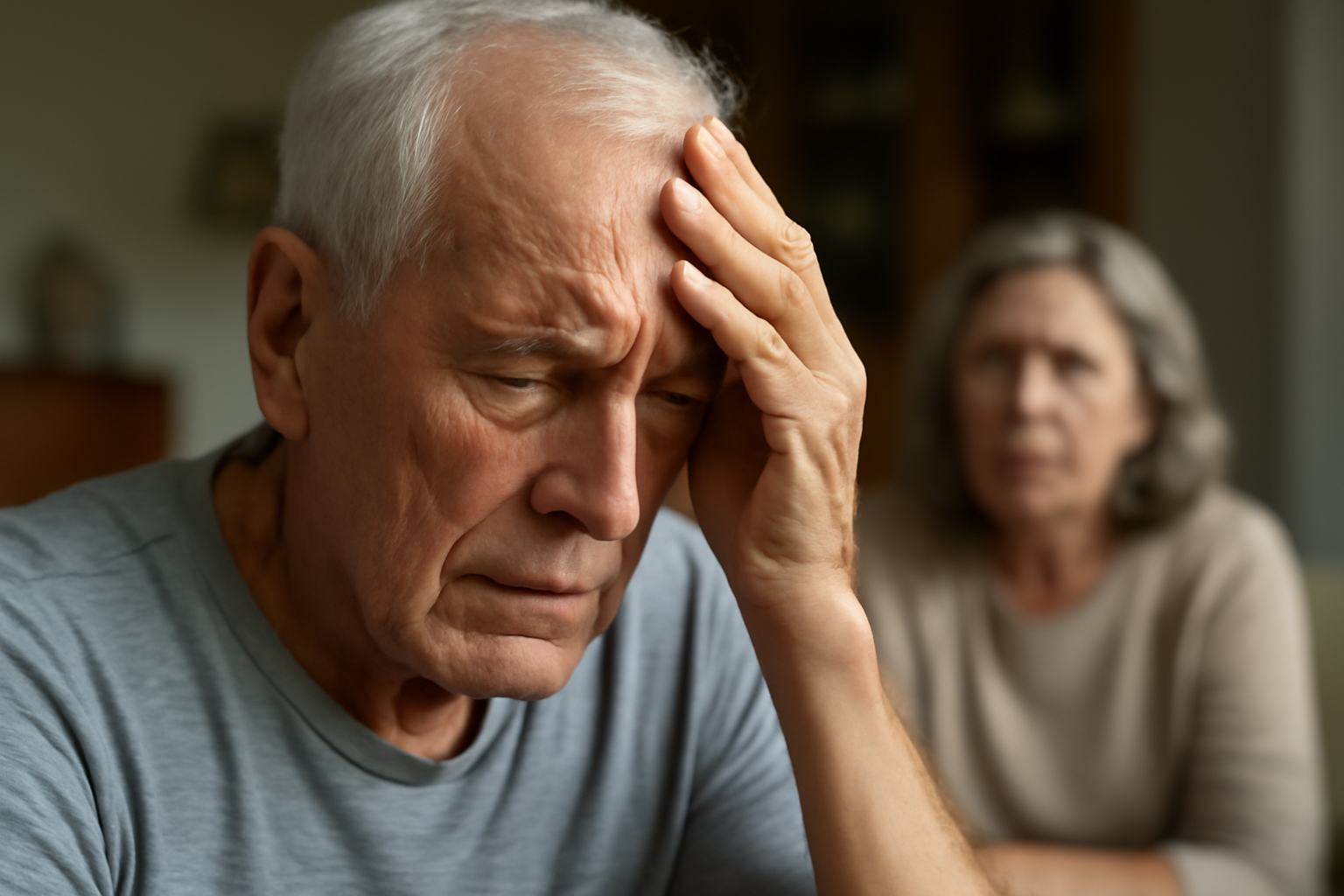 Elderly man holding head with worried expression, woman blurred behind