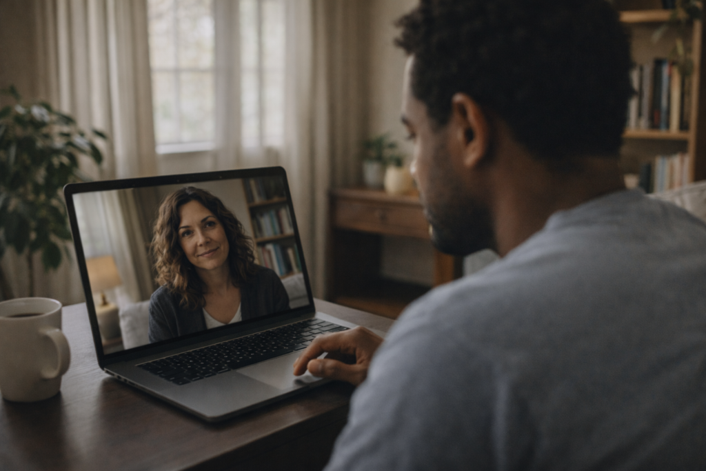 A person participates in online therapy for social anxiety, engaging with a therapist via video call in a comfortable home setting using a laptop.