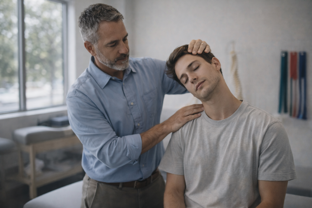 Physical therapist demonstrating neck stretches to a patient as part of a physical therapy session for relieving headache symptoms in a clinical setting.