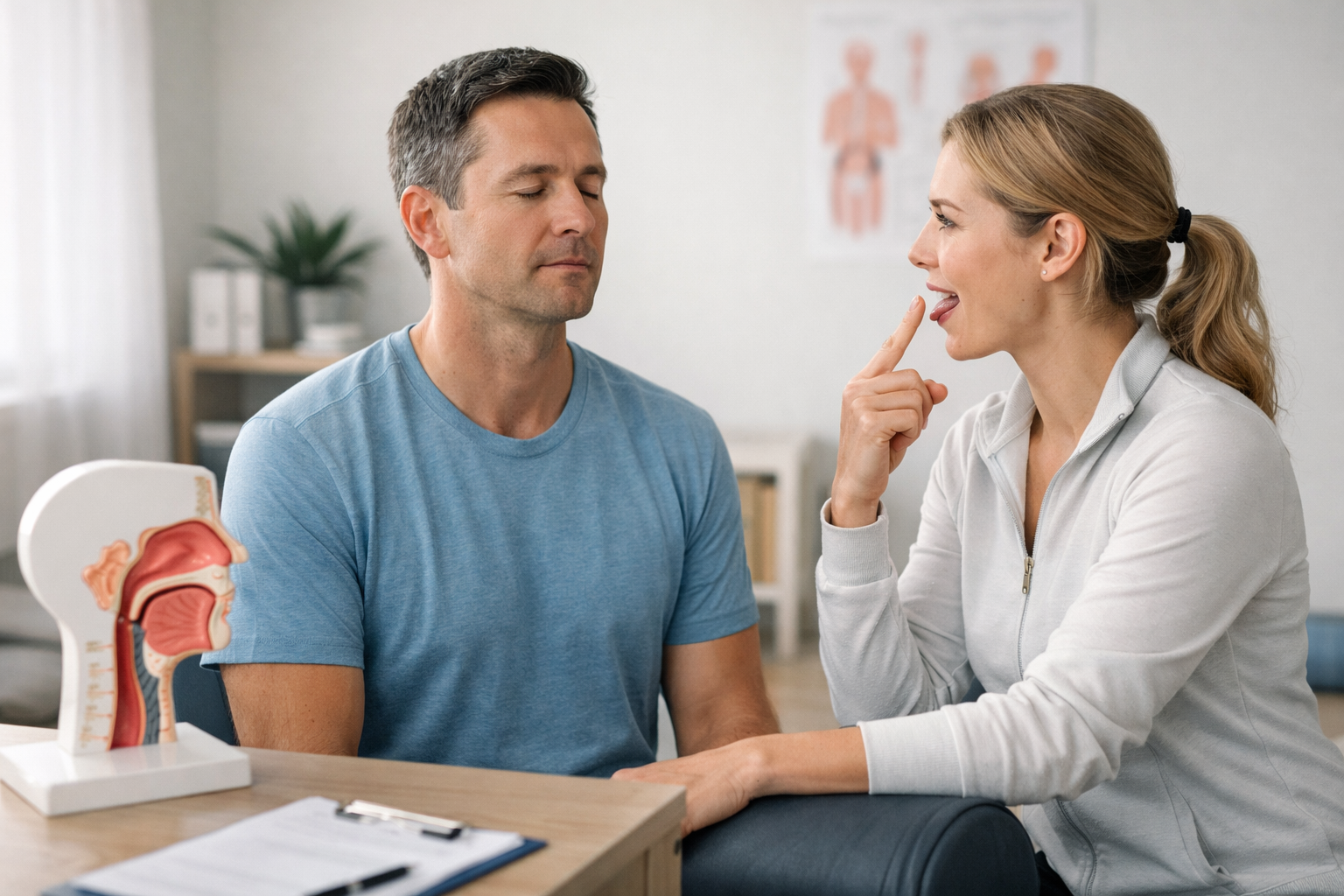 Physical therapist guides patient through jaw and throat exercises designed to help manage sleep apnea symptoms and improve nighttime breathing.