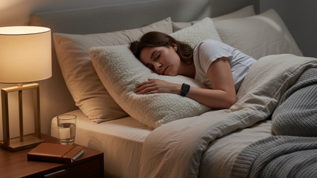 A man uses a positional therapy device to keep his body on his side while sleeping, helping reduce sleep apnea symptoms by preventing back sleeping.