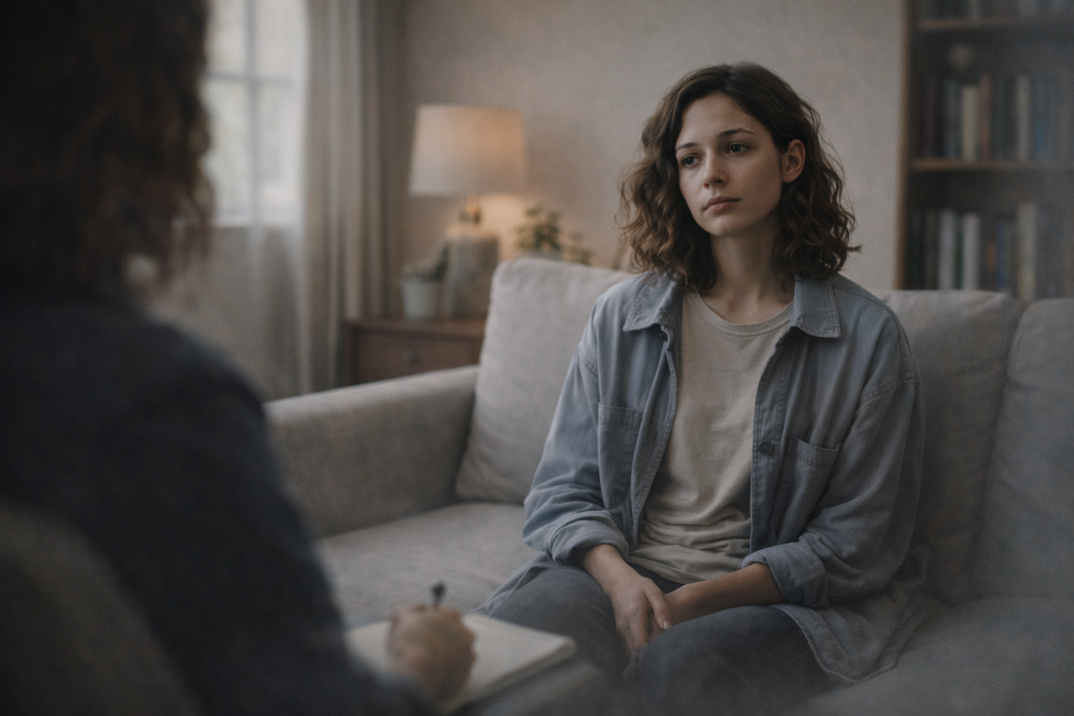 A therapist guides a client through psychotherapy techniques to help manage symptoms of derealization in a calm, supportive clinical setting.