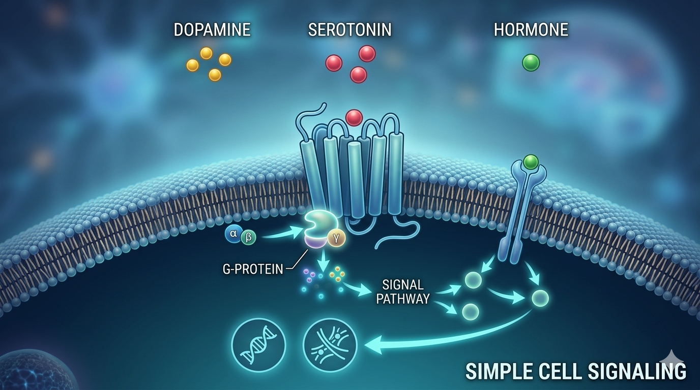 Illustration of a cell membrane showing a receptor protein binding to a signaling molecule, initiating a cellular response inside the cell.