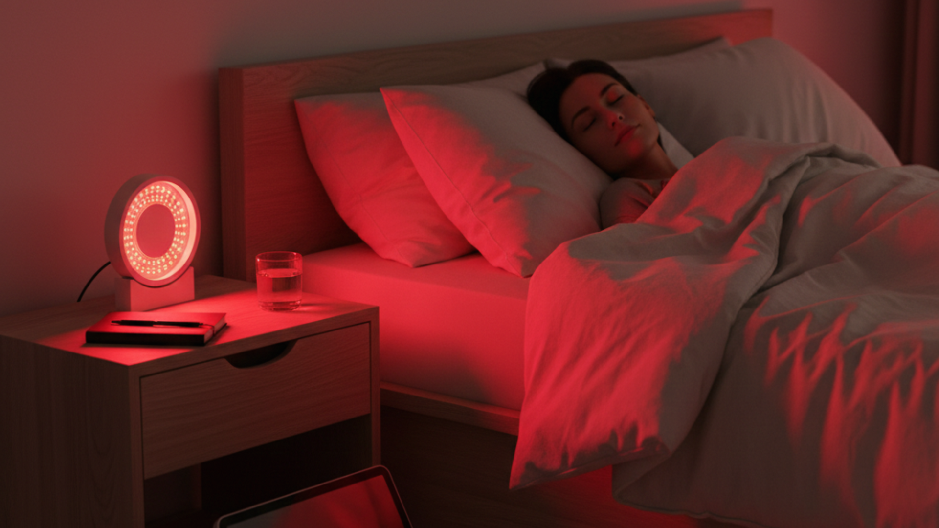 A modern red light therapy device emits gentle red light, designed to promote relaxation and improve sleep quality in a bedroom setting.
