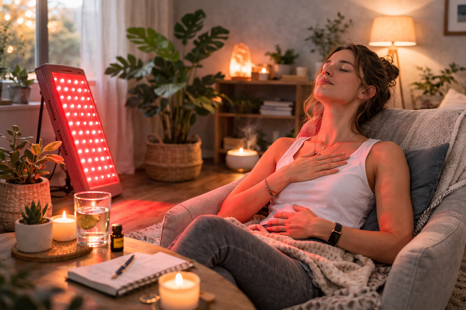 A person uses red light therapy on their forehead to help lower cortisol levels and reduce stress, demonstrating a non-invasive wellness treatment.