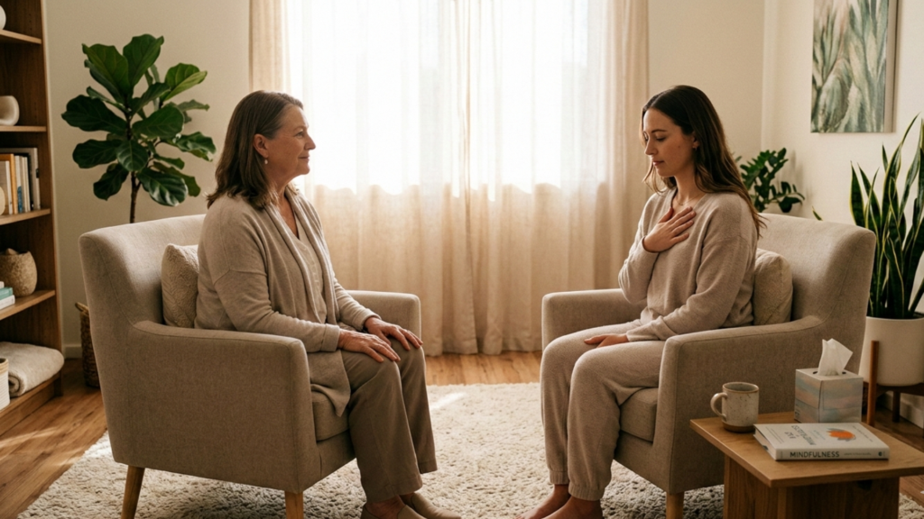 A therapist guides a client through gentle body-based exercises in a calming space, illustrating relational somatic healing to address trauma and emotional stress.