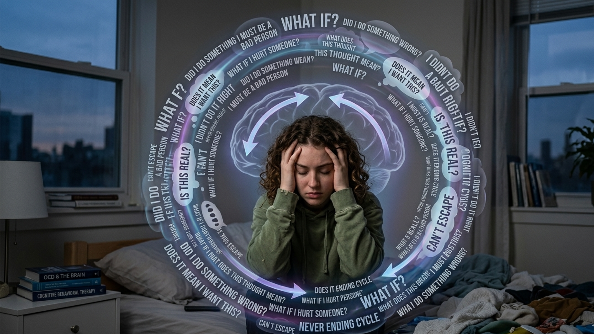 Illustration of a person surrounded by swirling thought bubbles, depicting the repetitive, intrusive thoughts characteristic of rumination OCD.