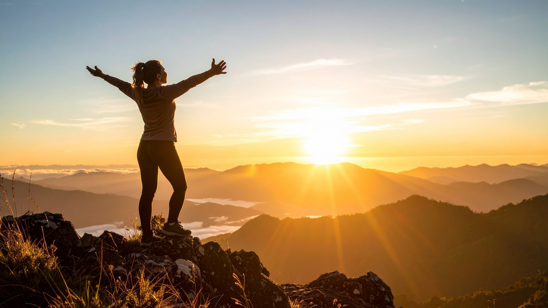 A person stands atop a mountain at sunrise, arms raised in triumph, symbolizing self-actualization, fulfillment, and reaching one’s highest potential.