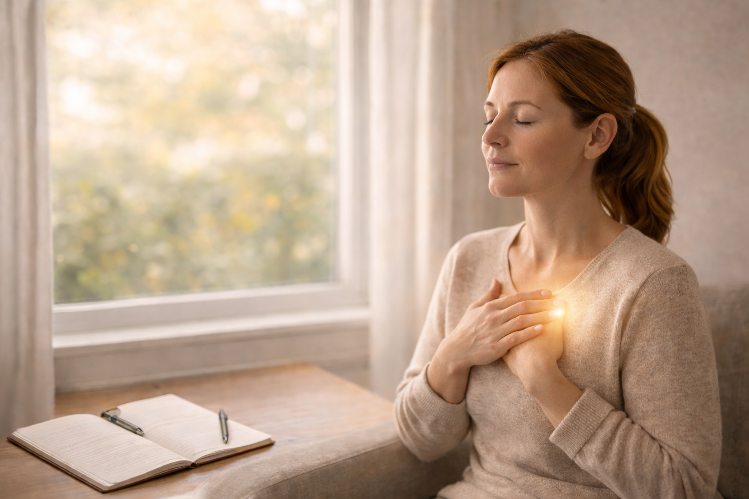 A person sits calmly with eyes closed, practicing self forgiveness therapy through guided meditation and reflection in a peaceful, supportive environment.