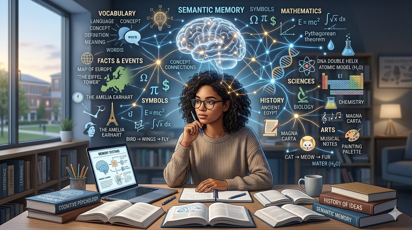 Diagram illustrating semantic memory, showing interconnected nodes representing concepts, facts, and meanings stored in the human brain for recall.