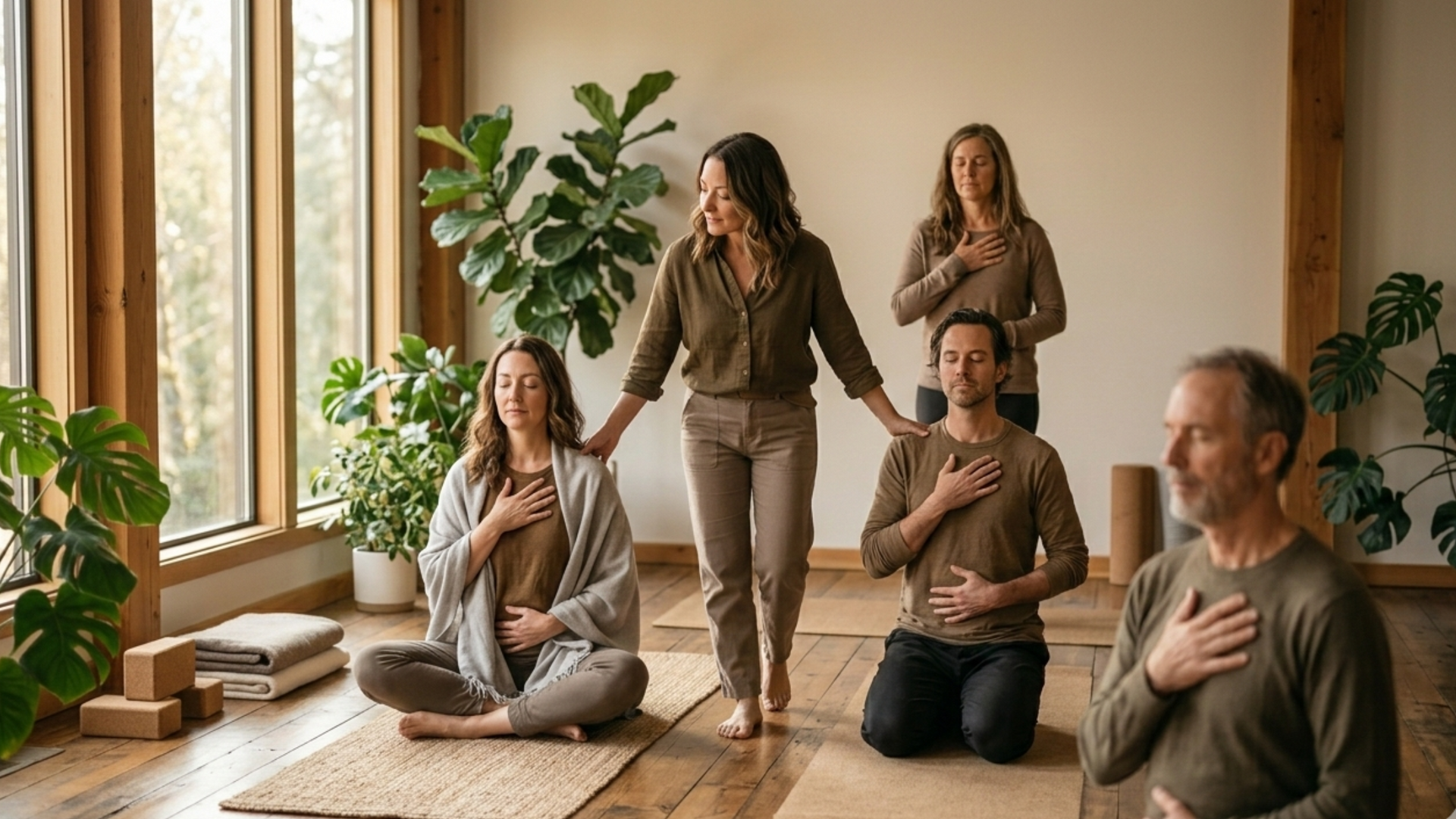 A group of participants practicing somatic healing techniques in a training session, guided by an instructor in a calm, supportive environment.