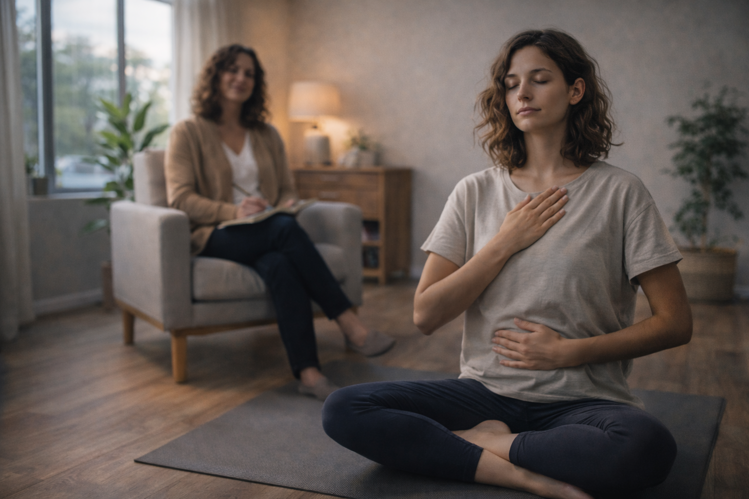 A therapist guides a client through somatic therapy exercises, helping them use body awareness techniques for emotional regulation and stress relief.