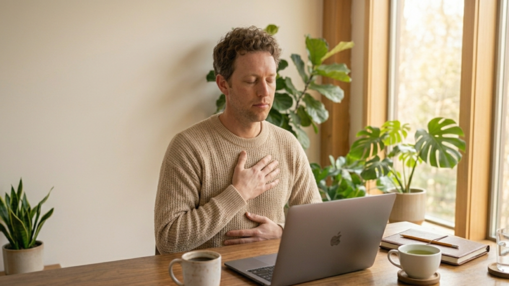 A therapist guides a client through somatic therapy exercises focused on breathing and gentle movement to support nervous system regulation and relaxation.