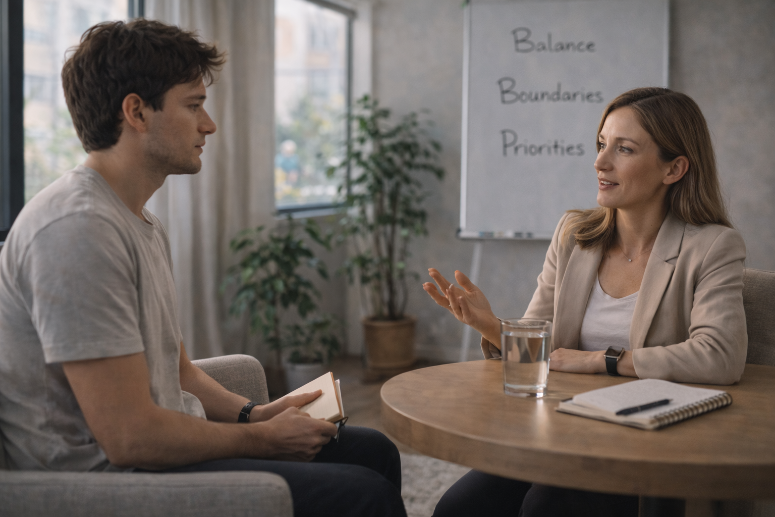 A stress coach guides a client through relaxation techniques and coping strategies during a one-on-one stress coaching session in a calm, supportive setting.