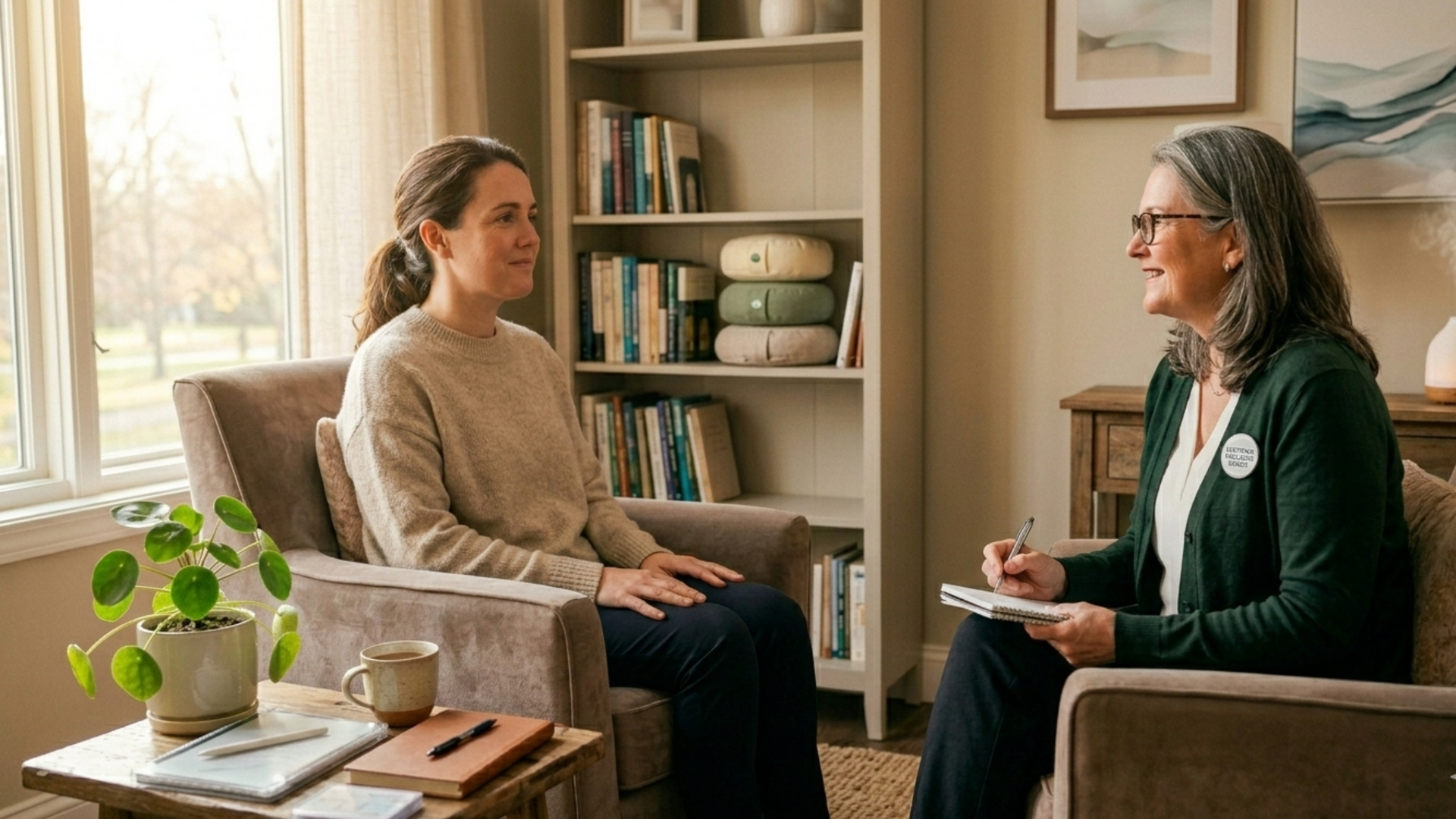 A stress reduction coach guides a client through relaxation techniques and mindfulness exercises in a calm, supportive environment for improved well-being.