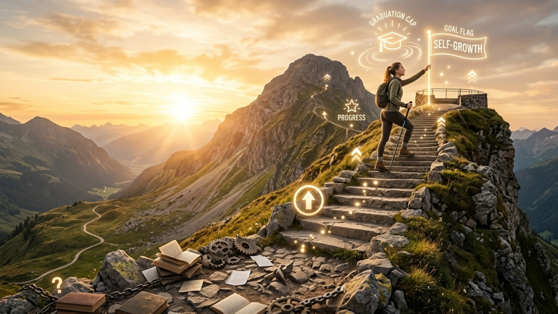 A business leader stands confidently above a group, symbolizing superiority and leadership, with upward arrows indicating growth and success.